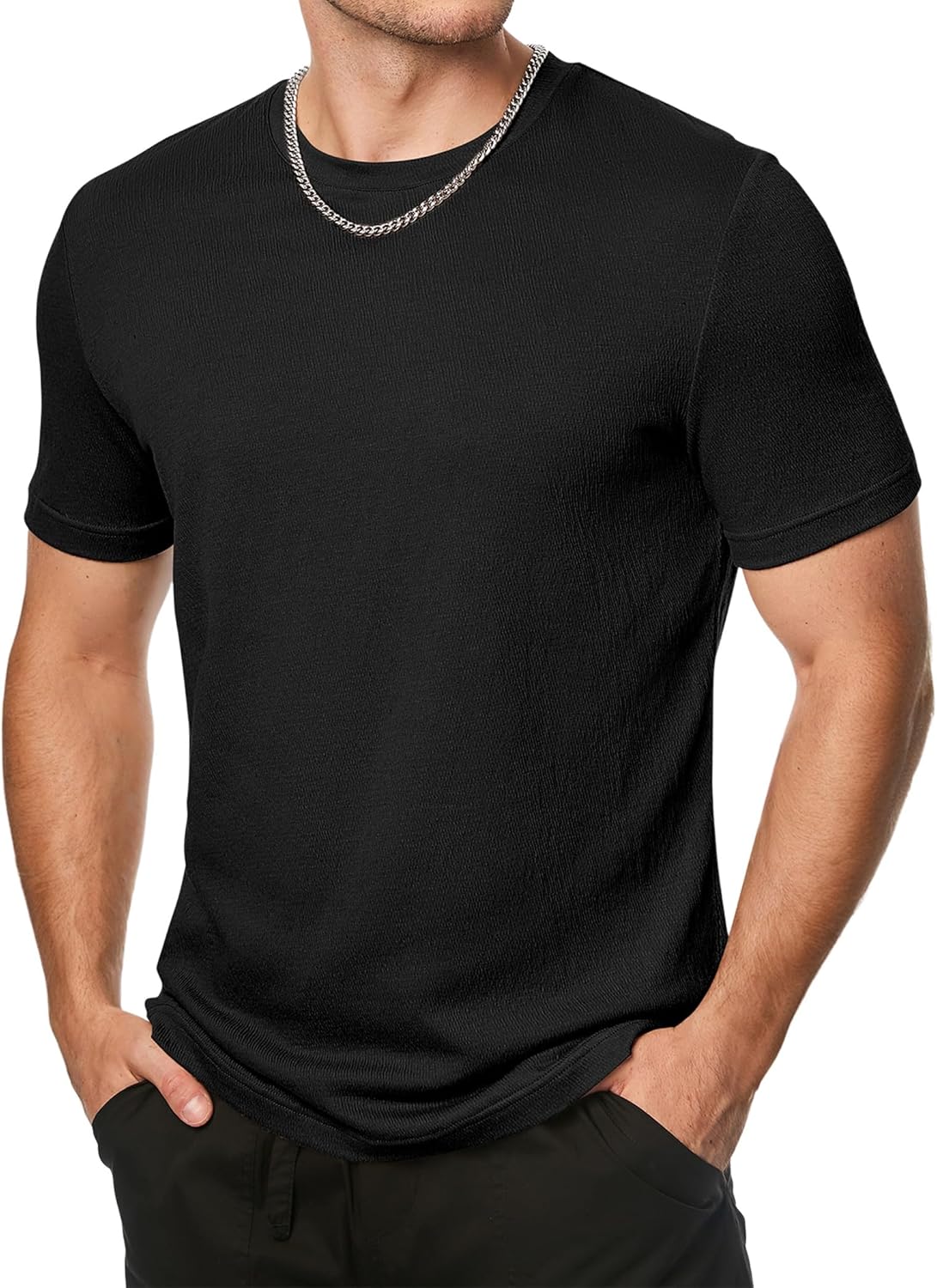 Mens T-Shirt Short Sleeve Muscle Textured Knit Crewneck Slim T Shirt Gym Workout Athletic Tee Shirts