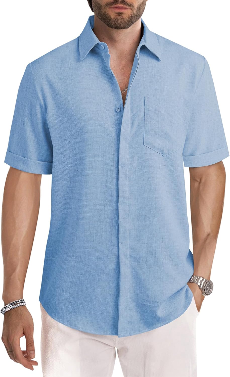 Men's Casual Stylish Short Sleeve Button-Up Striped Dress Shirts Cotton Beach Shirt
