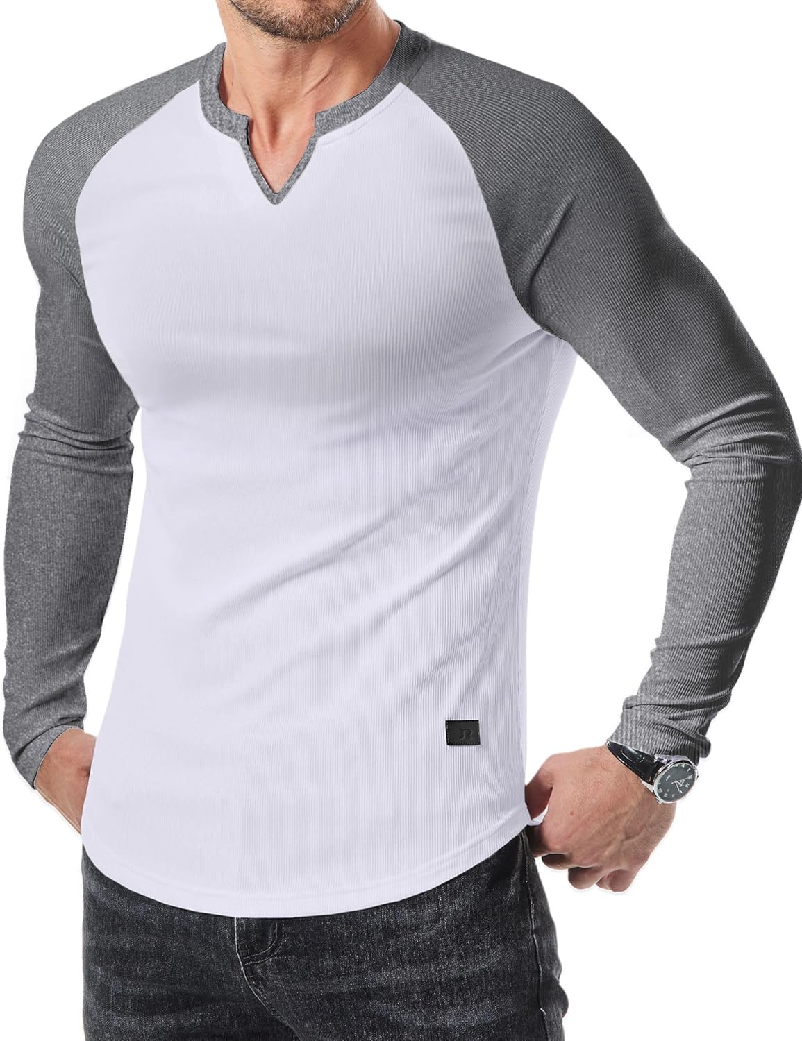 Mens Long Sleeve Muscle T Shirts Casual V-Neck Longline Ribbed Tee Shirts